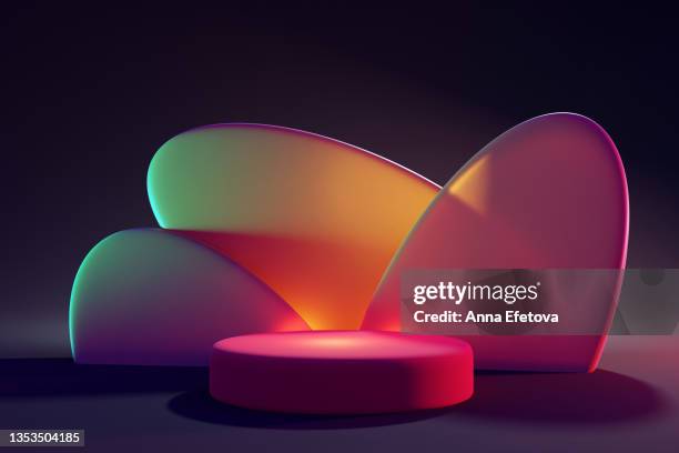 cylindrical ceramic colorful podium on dark purple background with abstract colorful shapes. perfect platform for showing your products. three dimensional illustration - stage performance space 個照片及圖片檔