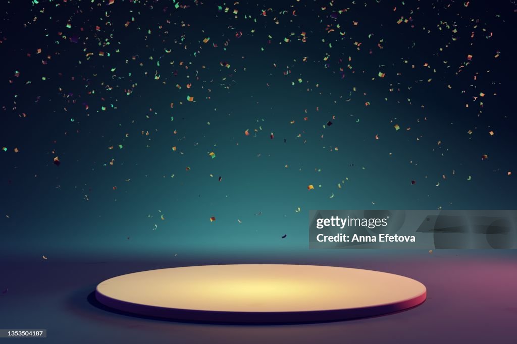 Round yellow ceramic podium on blue background with many falling multicolored confetti. Perfect platform for showing your products. Three dimensional illustration
