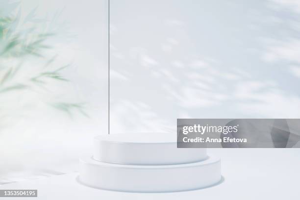 two-tier cylindrical ceramic podium on background with green plant leaves behind frosted glass and many shadows on the white wall. perfect platform for showing your products. three dimensional illustration - frosted glass ストックフォトと画像