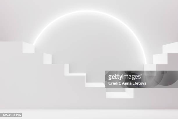 two white stairs diverging in different directions against white background with backlit. three dimensional illustration - steps and staircases bildbanksfoton och bilder