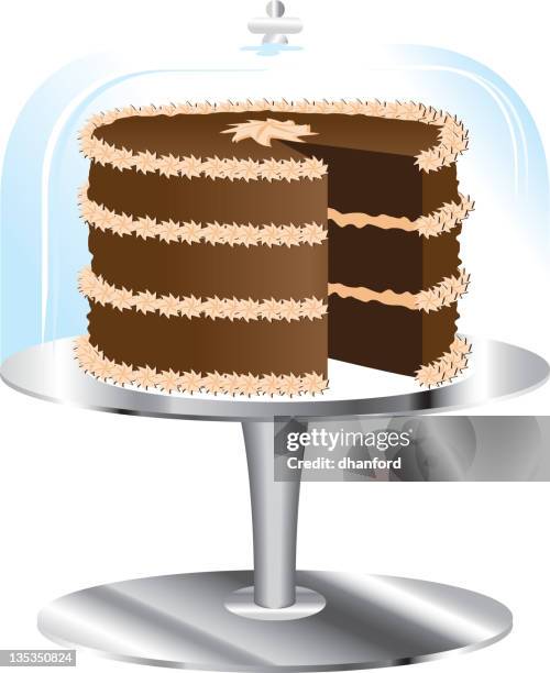 chocolate cake on stand and glass cover - serving dish stock illustrations