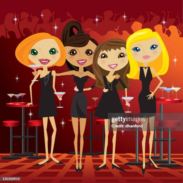 women, black dress, night club, martini, friends - girls night out stock illustrations