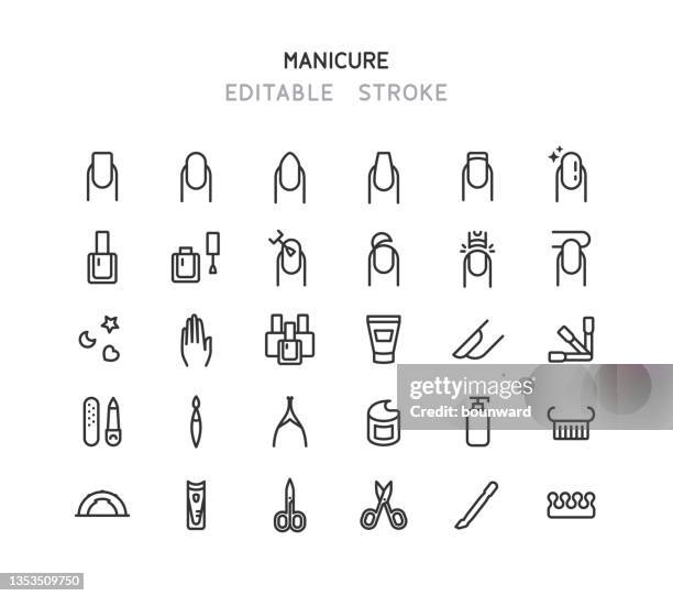 illustrations, cliparts, dessins animés et icônes de icônes de ligne de manucure des ongles trait modifiable - vernis à ongles