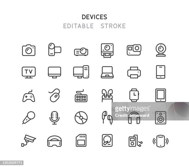 ilustrações de stock, clip art, desenhos animados e ícones de devices line icons editable stroke - go pro camera