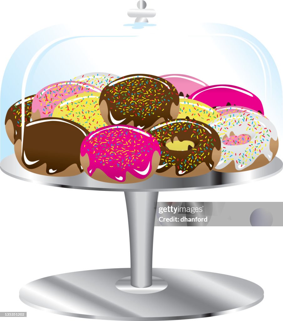 Donuts variados em pé e cobertura de vidro
