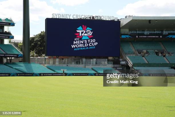 The ICC Men's T20 World Cup 2022 logo and artwork is seen on the big screen during an ICC Men's T20 World Cup 2022 announcement at the Sydney Cricket...