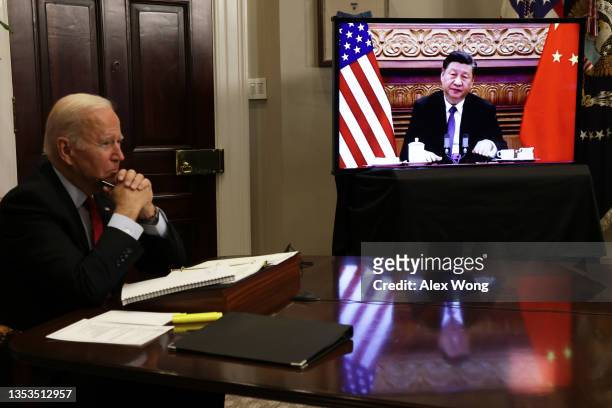 President Joe Biden participates in a virtual meeting with Chinese President Xi Jinping at the Roosevelt Room of the White House November 15, 2021 in...
