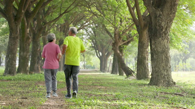 Rear view of Senior couple jogging in the park