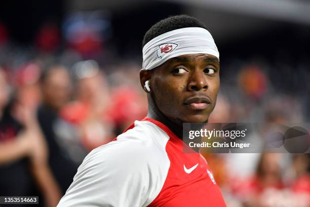 Wide receiver Josh Gordon of the Kansas City Chiefs looks on before a game against the Las Vegas Raiders at Allegiant Stadium on November 14, 2021 in...