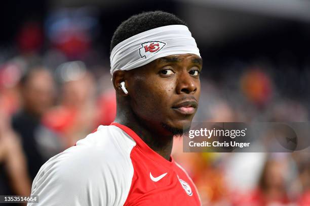 Wide receiver Josh Gordon of the Kansas City Chiefs looks on before a game against the Las Vegas Raiders at Allegiant Stadium on November 14, 2021 in...