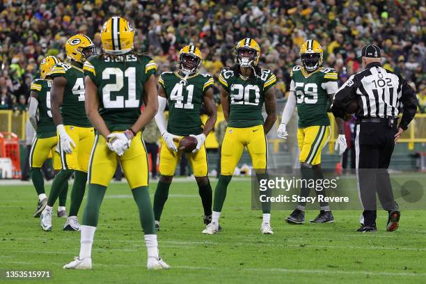 Kevin King of the Green Bay Packers celebrates after an interception during a game against the Seattle Seahawks at Lambeau Field on November 14, 2021...