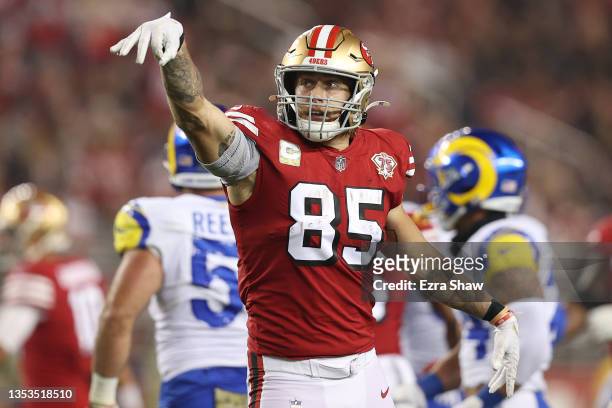 George Kittle of the San Francisco 49ers reacts during the first half against the Los Angeles Rams at Levi's Stadium on November 15, 2021 in Santa...