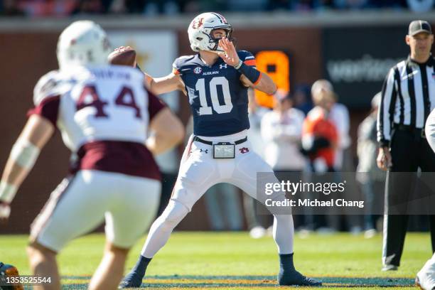 Quarterback Bo Nix of the Auburn Tigers looks to throw a pass during their game against the Mississippi State Bulldogs at Jordan-Hare Stadium on...