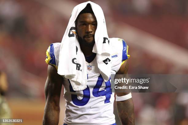 Leonard Floyd of the Los Angeles Rams leaves the field following the game against the San Francisco 49ers at Levi's Stadium on November 15, 2021 in...