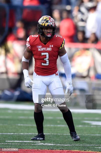 Nick Cross of the Maryland Terrapins defends against the Penn State Nittany Lions at Capital One Field at Maryland Stadium on November 06, 2021 in...