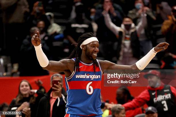 Montrezl Harrell of the Washington Wizards celebrates during the closing seconds of the Wizards 105-100 win over the New Orleans Pelicans at Capital...