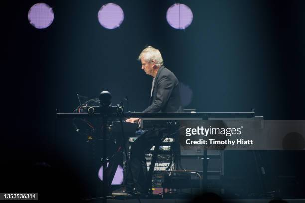 Tony Banks of Genesis perform on the opening night of their North American "The Last Domino?" tour at the United Center on November 15, 2021 in...