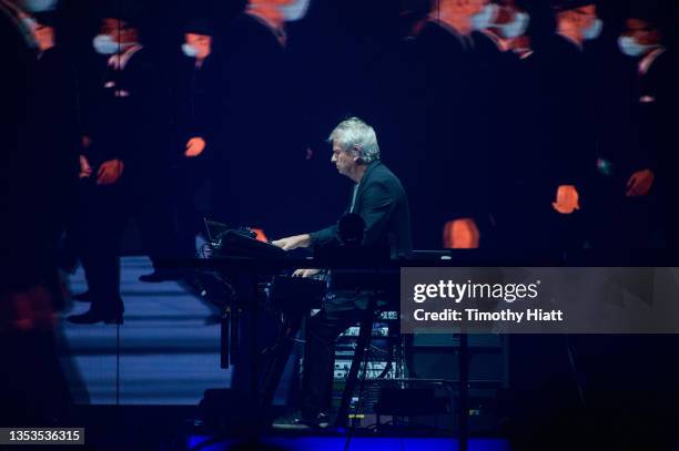 Tony Banks of Genesis perform on the opening night of their North American "The Last Domino?" tour at the United Center on November 15, 2021 in...