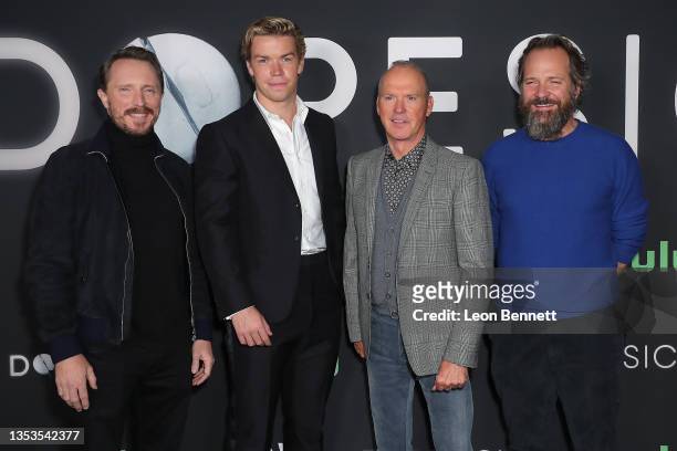 John Hoogenakker, Will Poulter, Michael Keaton and Peter Sarsgaard attend the Premiere Of Hulu's And 20th Television's "Dopesick" at NeueHouse Los...