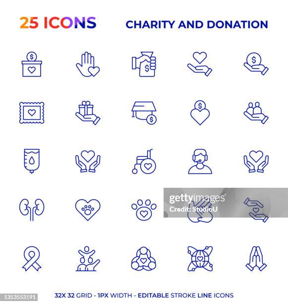 ilustraciones, imágenes clip art, dibujos animados e iconos de stock de caridad y donación editable stroke line icon series - caja de donaciones