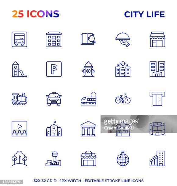 ilustrações, clipart, desenhos animados e ícones de série de ícones da linha de traçado editável da vida da cidade - estação