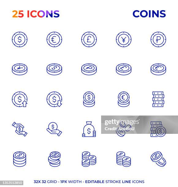 coins editable stroke line icon series - heap stock illustrations