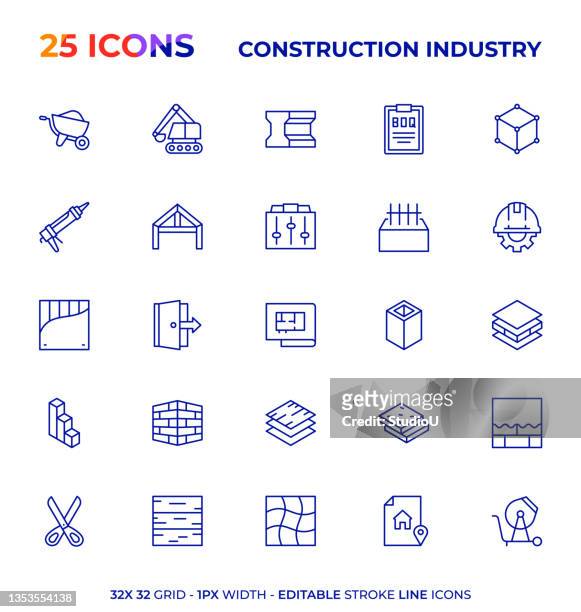stockillustraties, clipart, cartoons en iconen met construction industry editable stroke line icon series - pleister bouwmateriaal