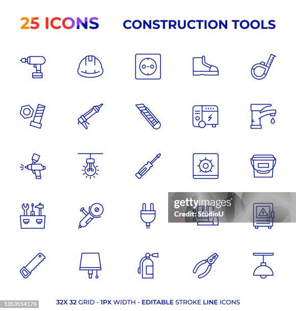 bauwerkzeuge editierbare konturliniensymbolserie - elektrischer generator stock-grafiken, -clipart, -cartoons und -symbole