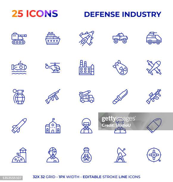 defense industry editable stroke line icon series - military base stock illustrations