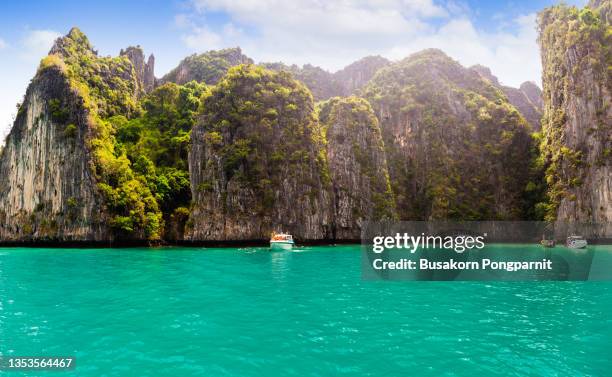 tourist admiring the view at maya bay - maya bay stock pictures, royalty-free photos & images