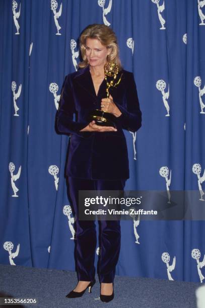 American actress Candice Bergen, wearing a blue velvet trouser suit, in the press room of the 46th Primetime Emmy Awards, held at the Pasadena Civic...