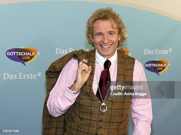 Personality Thomas Gottschalk poses for the press prior to a press conference for his new TV show 'Gottschalk Life' on December 9, 2011 in Berlin,...