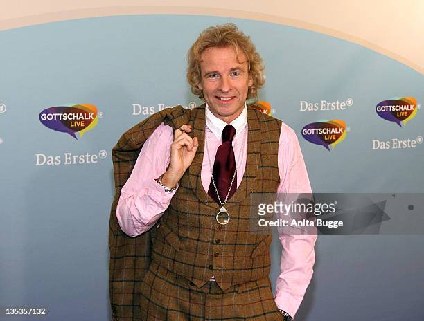 Personality Thomas Gottschalk poses for the press prior to a press conference for his new TV show 'Gottschalk Life' on December 9, 2011 in Berlin,...