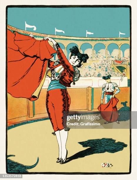 young woman bullfighter in stadium fighting against bull art nouveau 1897 - bullfighting stock illustrations