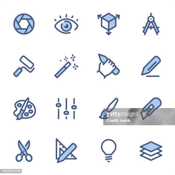 graphic design - pixel perfect blue line icons - hand magic wand stock illustrations