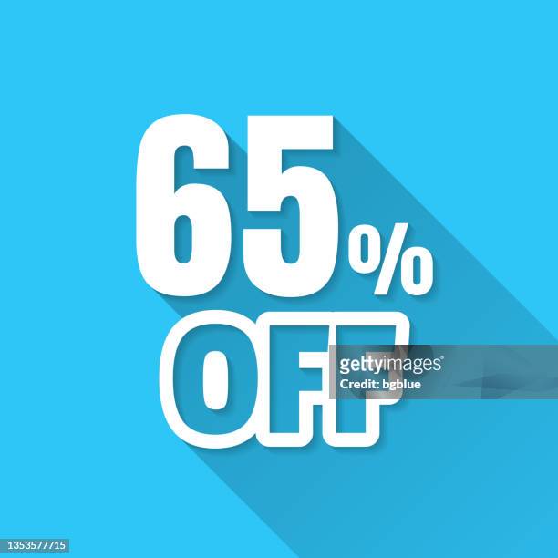 stockillustraties, clipart, cartoons en iconen met 65 percent off (65% off). icon on blue background - flat design with long shadow - number 65