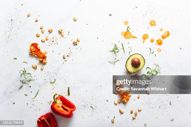 paleo cooking ingredients with tomatoes and avocado - cookbook fotografías e imágenes de stock