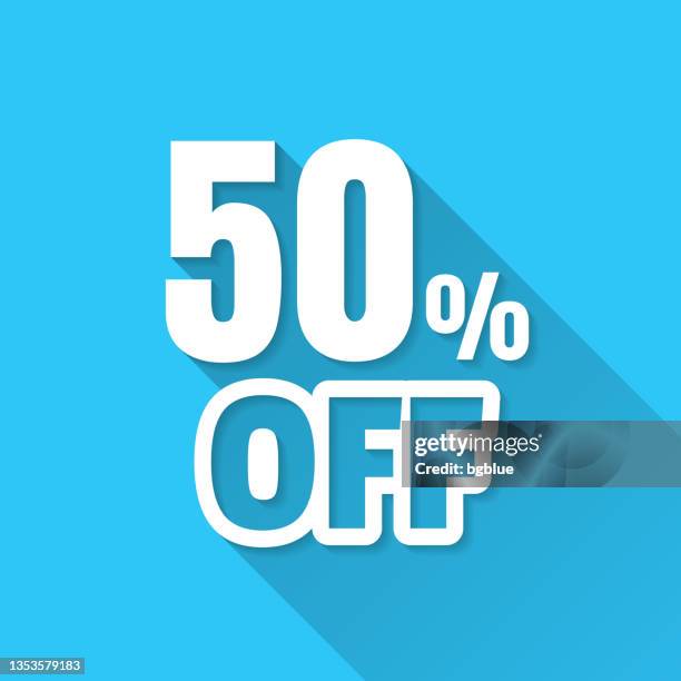 stockillustraties, clipart, cartoons en iconen met 50 percent off (50% off). icon on blue background - flat design with long shadow - long term investment