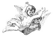 Two Baby Angels or Cherubs Flying. Bible, New testament. Vintage Antique Drawing