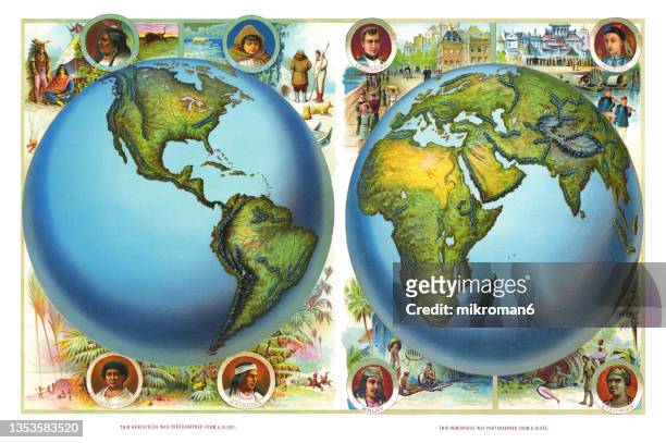 old chromolithograph illustration of map of the world - physical geography stock photos et images de collection