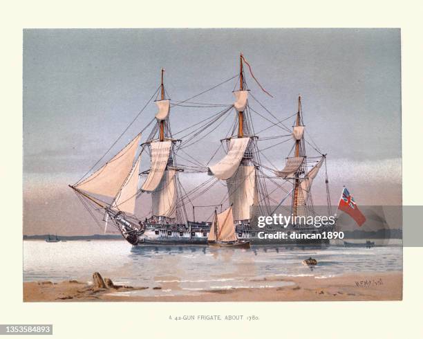 vintage illustration of 18th century british royal navy warship, 42 gun frigate of 1780 - old frigate 幅插畫檔、美工圖案、卡通及圖標