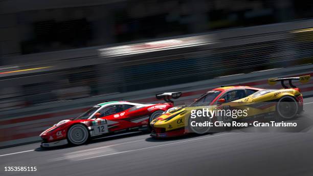 Jose Serrano of Spain overtakes Valerio Gallo in the Nations Cup race during round 4 of the Gran Turismo World Series 2021 run at the virtual Fuji...