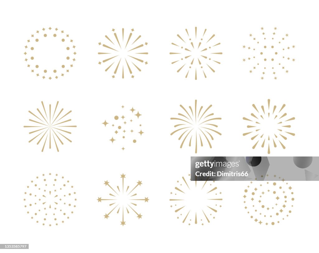 Fuegos artificiales. Conjunto de iconos de petardos de oro para Aniversario, Año Nuevo, Celebración, Festival. Diseño plano sobre blanco.