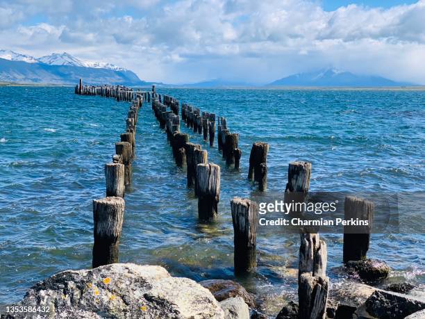 fence posts for pier stretching out into ocean, old wooden posts sticking out of blue sea with snow capped mountain backdrop in patagonia, chile, south america in 2021 - puerto natales stock-fotos und bilder