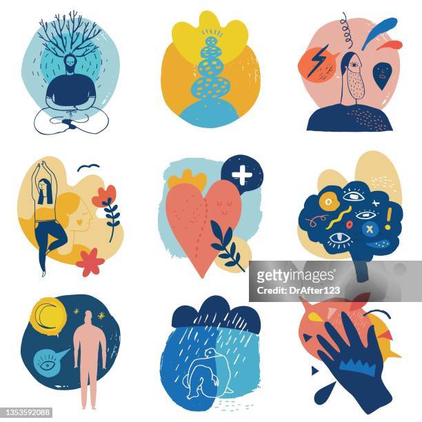 ilustrações, clipart, desenhos animados e ícones de benefícios para a saúde dos ícones criativos da atenção plena - meditando