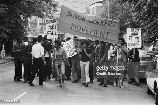 Demonstration on Gresham Road past the Brixton Police Station in support of the 'Brockwell Three' organised by the Black Workers' Movement , South...