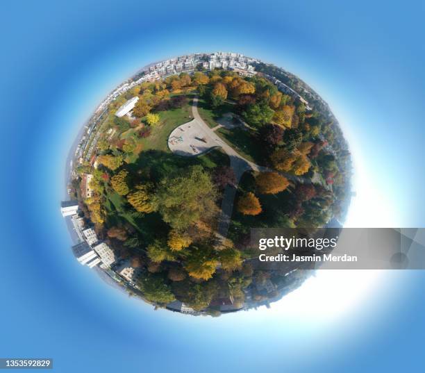 city green park on little planet - aerial view of clouds and earth landscape stock pictures, royalty-free photos & images