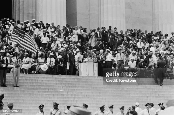 American-born French entertainer and civil rights activist Josephine Baker speaking at the March on Washington for Jobs and Freedom, Washington DC,...