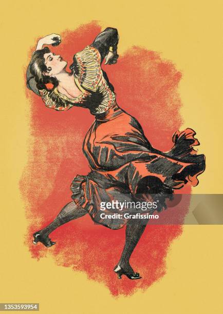 schöne spanische frau tanzt flamenco en sevilla jugendstil 1897 - flamencos stock-grafiken, -clipart, -cartoons und -symbole