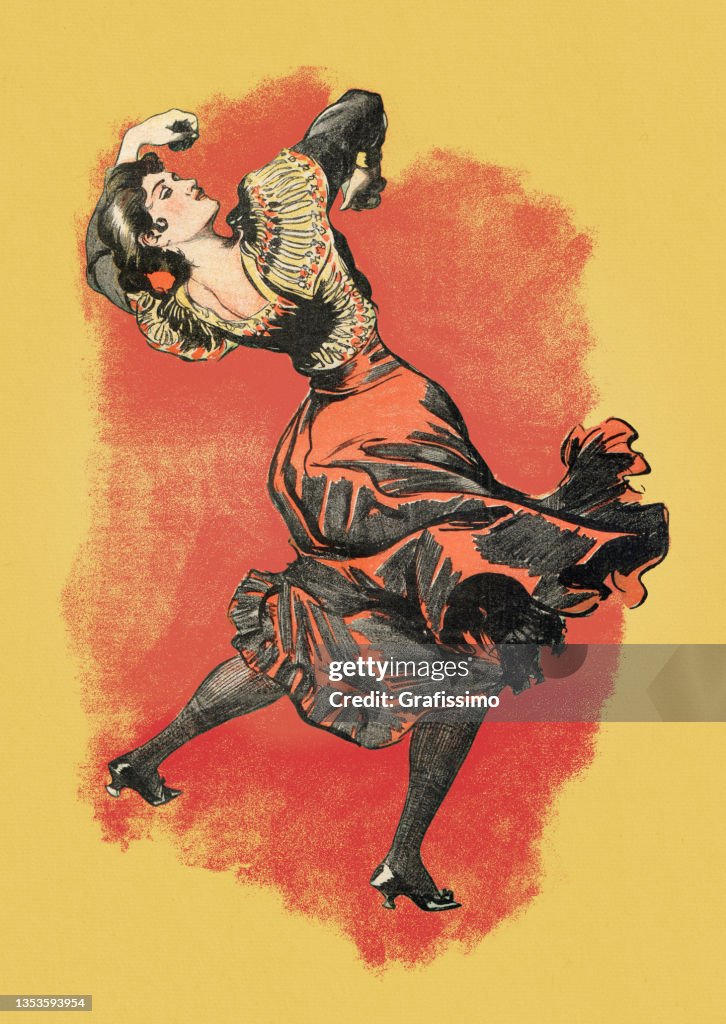 Bella mujer española bailando flamenco en Sevilla art nouveau 1897